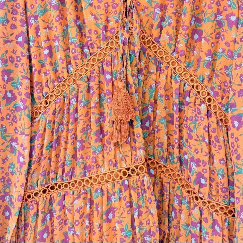 Rebecca Minkoff CADEN Dark Orange Magenta Floral Boho Chic Tiered Peasant Dress - Picture 8 of 16